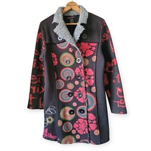 Vintage Y2K Boho Pattern Coat Faux Shearling Collar Multicolor Medium